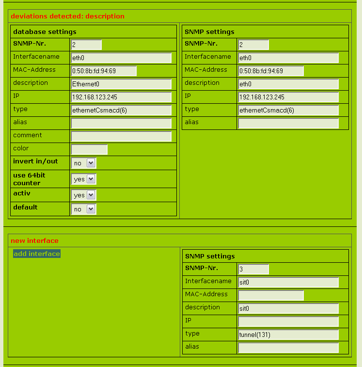 compare settings database / SNMP